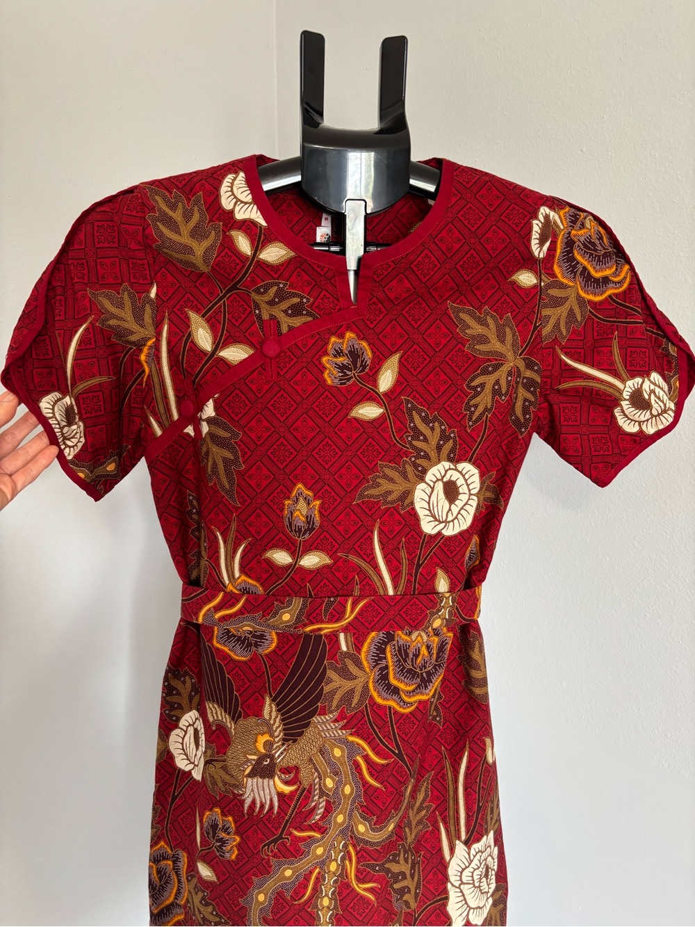 Deep Red Batik Floral Sheath Dress XS - Picture 5 of 16